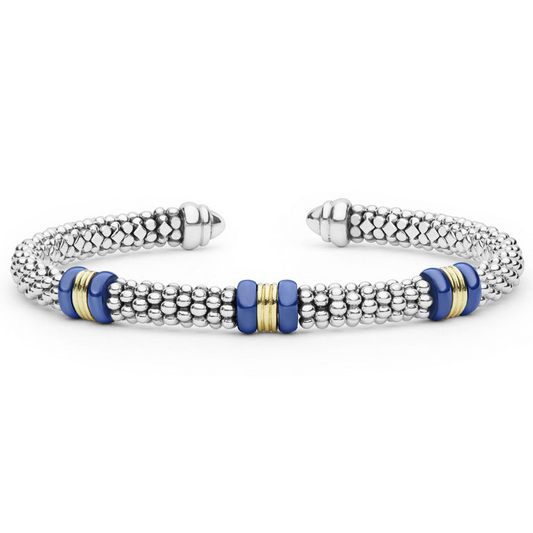 Sterling silver cuff with blue ceramic accents.