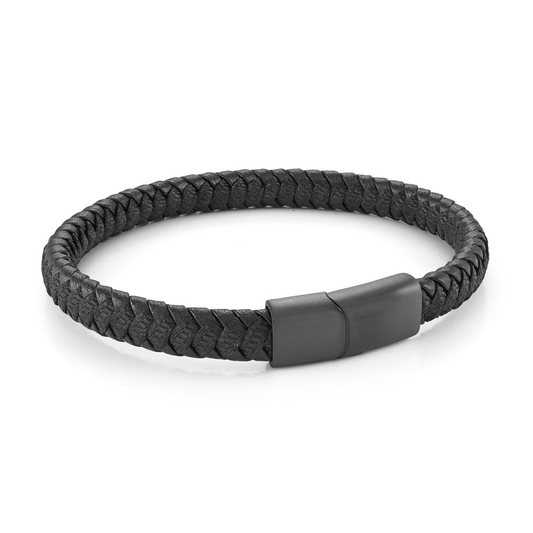 ItalGem Steel Braid Bracelet in Sterling Silver with Black Leather