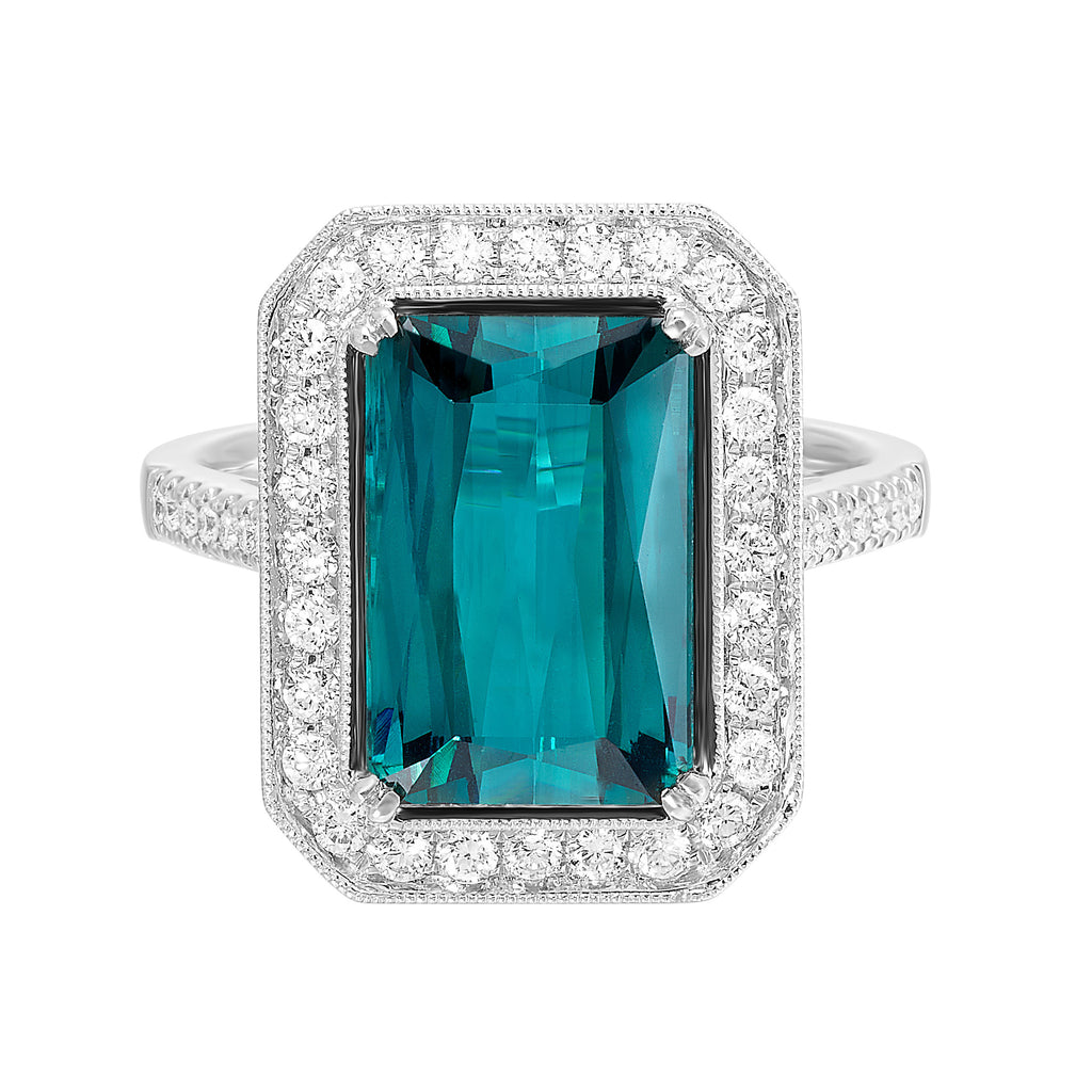 Precious Color Collection Color Gemstone Ring in 18 Karat White with 1 Emerald Bluish Green Tourmaline 6.00ctw