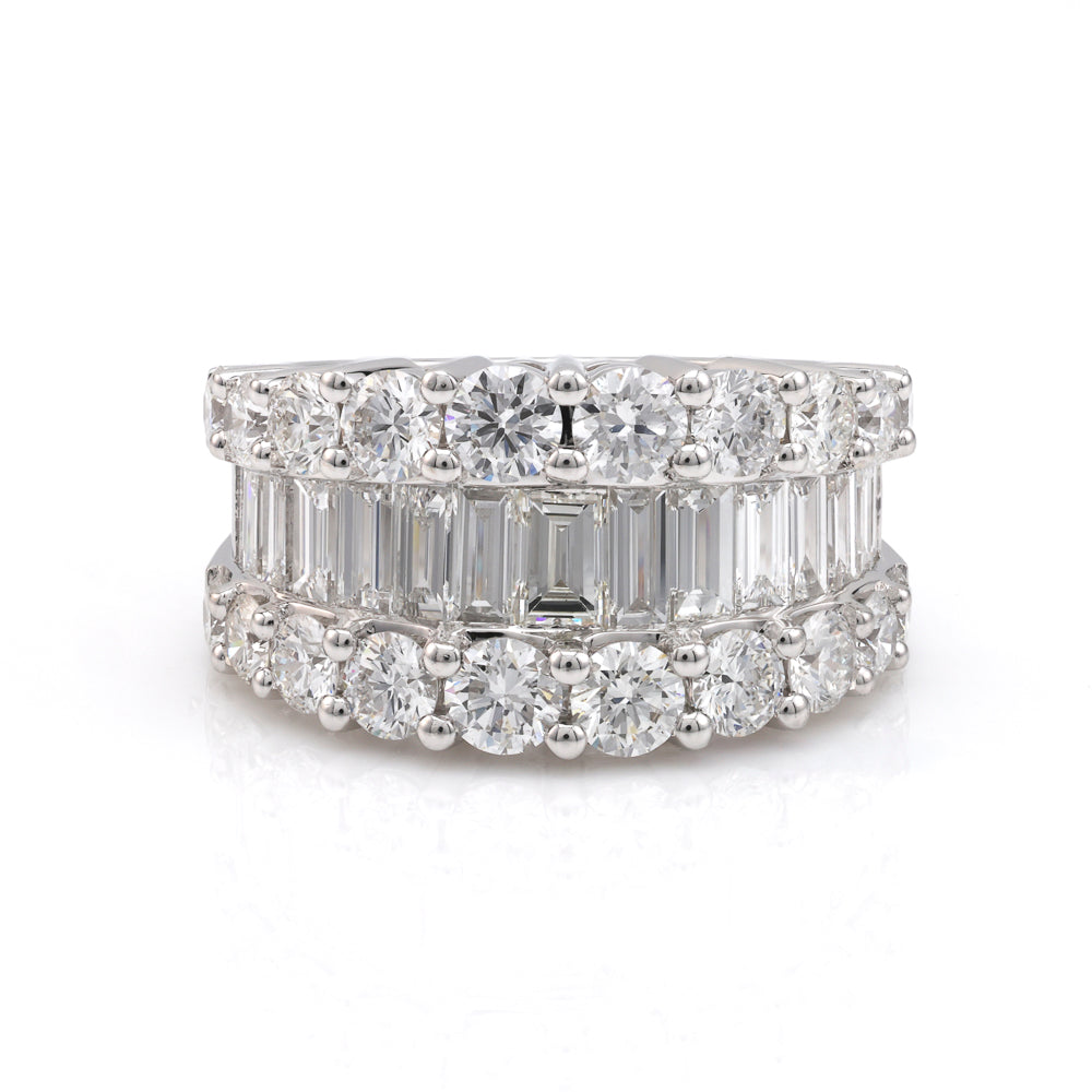 14K white gold band with round, baguette diamonds.