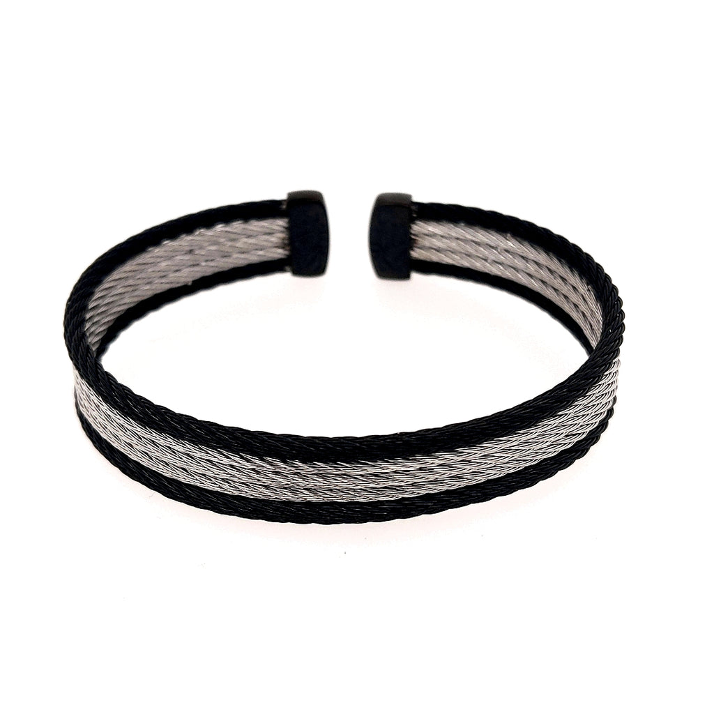 Cuff Bracelet (No Stones) in Stainless Steel Cable Black - Grey