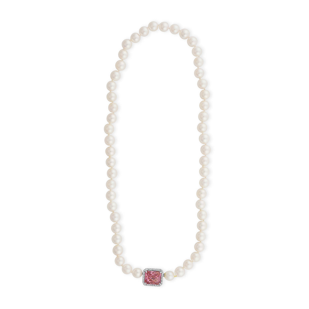 14K Cultured Pearl Necklace with Mystery Pink Cubic Zirconia and Diamond Clasp