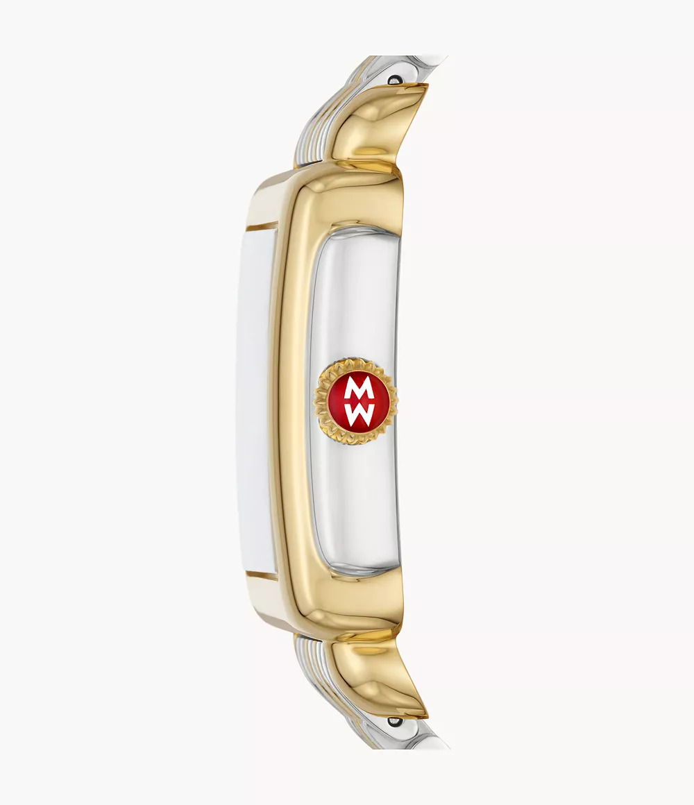 Gold-accented watch with red crown detail.