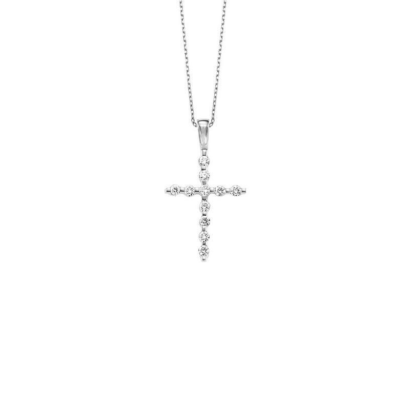 Diamond cross pendant on white gold chain.