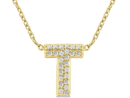 Yellow gold initial necklace with round diamonds.