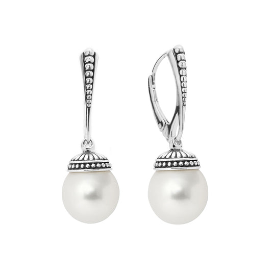 Luna Collection Drop Color Gemstone Earrings in Sterling Silver White with 2 Freshwater Pearls 10mm