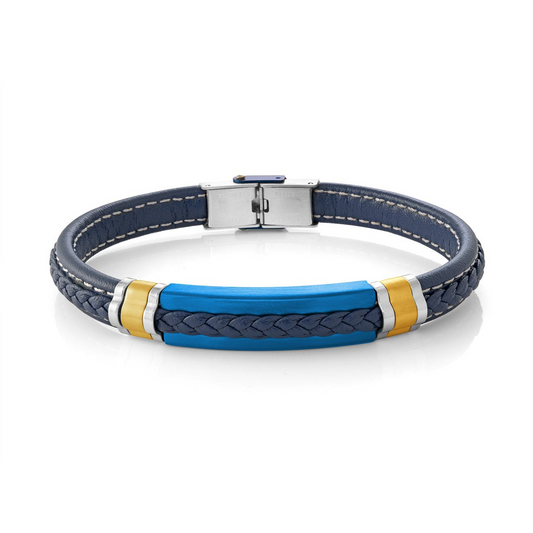 Blue and yellow braided leather bracelet.
