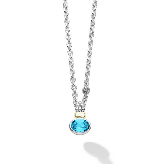 Pendant Lagos Signature Caviar Collection Color Gemstone Necklace in Sterling Silver White with 1 Oval Blue Topaz 8mm-8mm