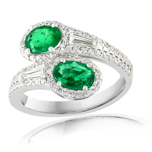 JEWELS BY JACOB Color Gemstone Ring with 2 Oval Emeralds 1.52ctw in 14 Karat White Gold