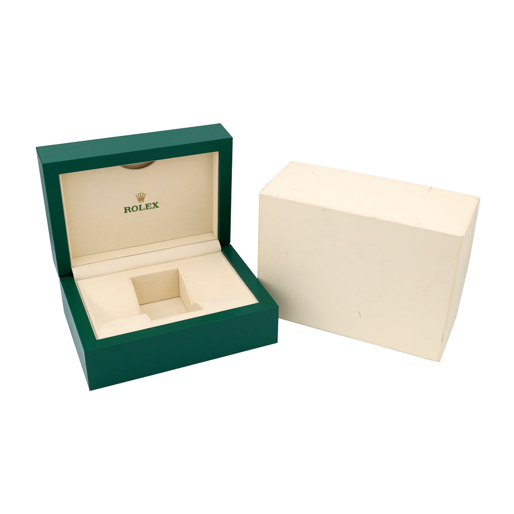 Green watch box with cream interior.