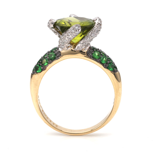 Peridot ring with diamonds and Tsavorite garnets.