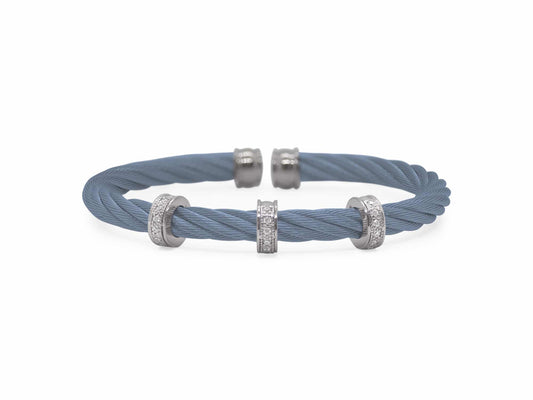 Natural Diamond Bracelet in Stainless Steel Cable - 18 Karat White - Blue with 0.15ctw Round Diamond