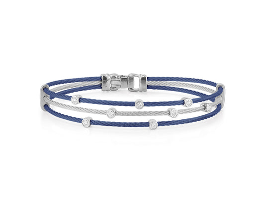Natural Diamond Bracelet in Stainless Steel Cable - 18 Karat White - Blue with 0.11ctw Round Diamonds