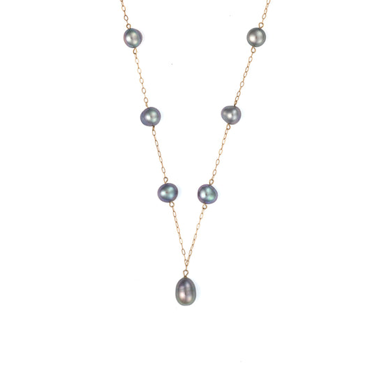 ReMarkable Estate Color Gemstone Necklace in 10 Karat Yellow Gold with 15 Various Shapes Black Pearls