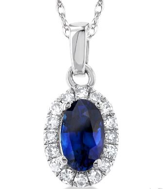 Oval sapphire pendant with diamond halo.