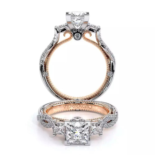 Hidden Accent Three Stone Natural Diamond Semi-Mount Engagement Ring in 18 Karat White - Rose with 42 Various Shapes Diamonds, Color: F/G, Clarity: VS2, totaling 0.16ctw