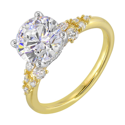 Yellow gold ring with round diamond accents.