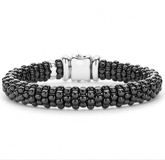 Black Caviar Collection Bead Bracelet (No Stones) in Sterling Silver - Ceramic White - Black