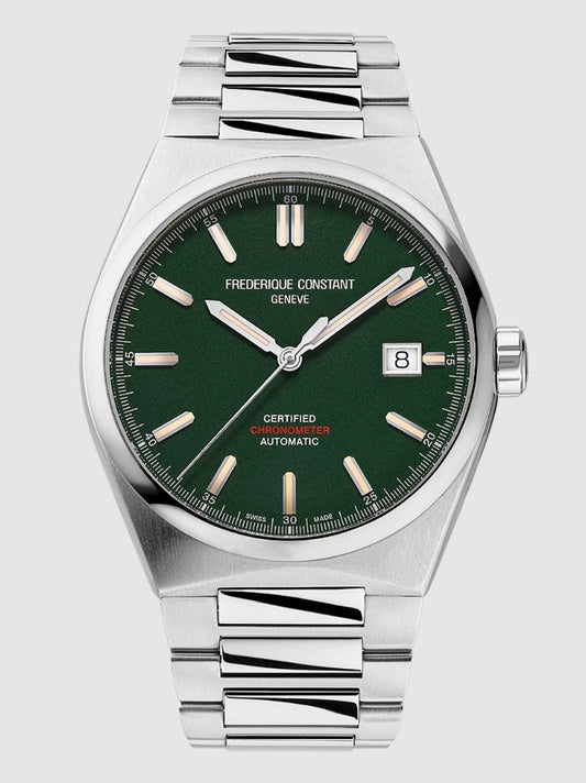 Green dial, stainless steel watch.