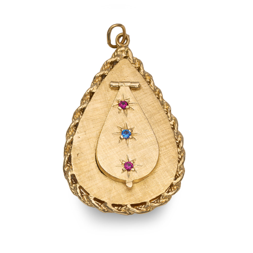 14K Yellow Gold Large Teardrop Locket Charm Pendant with Rubies and Sapphire