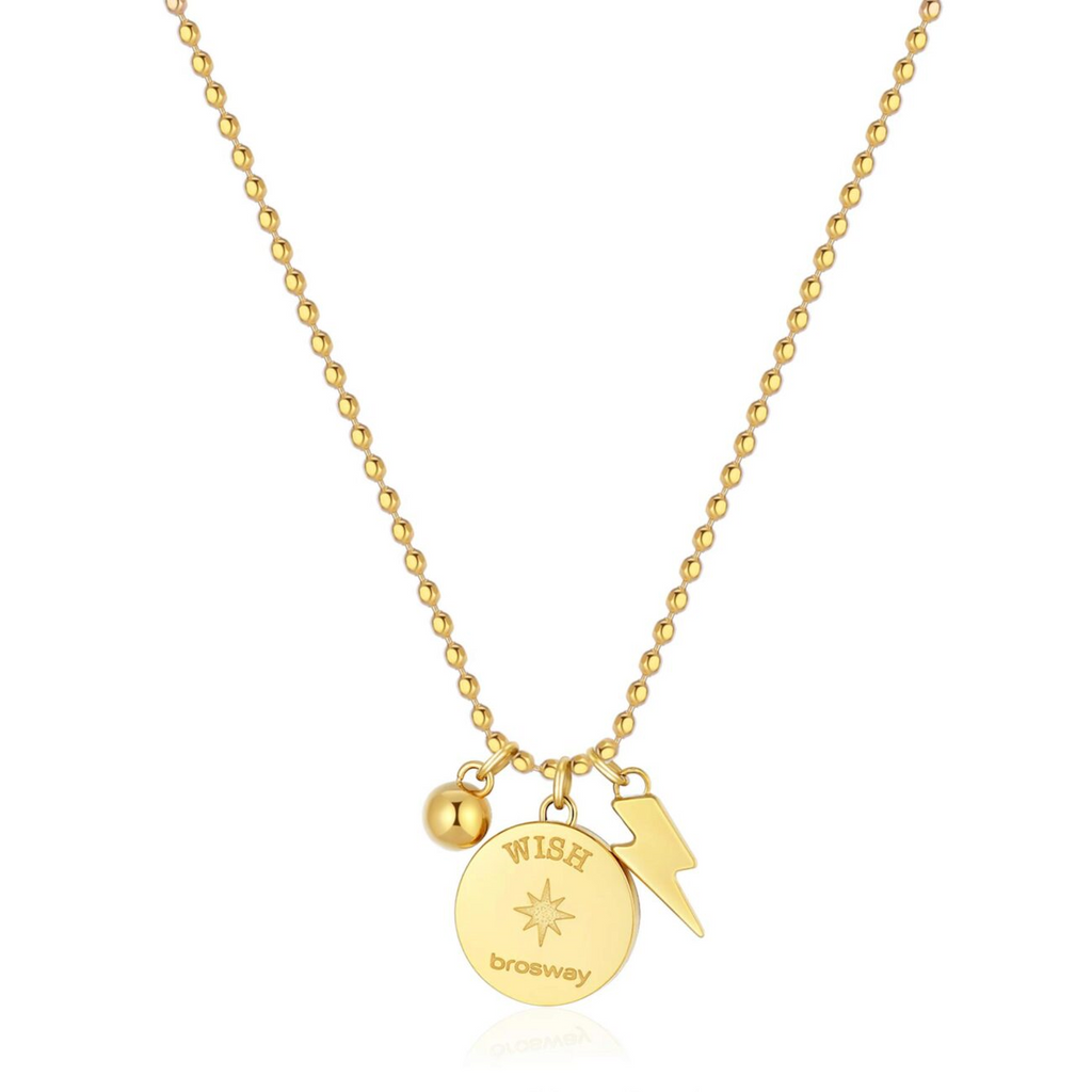 Yellow stainless steel necklace with round and lightning charms.