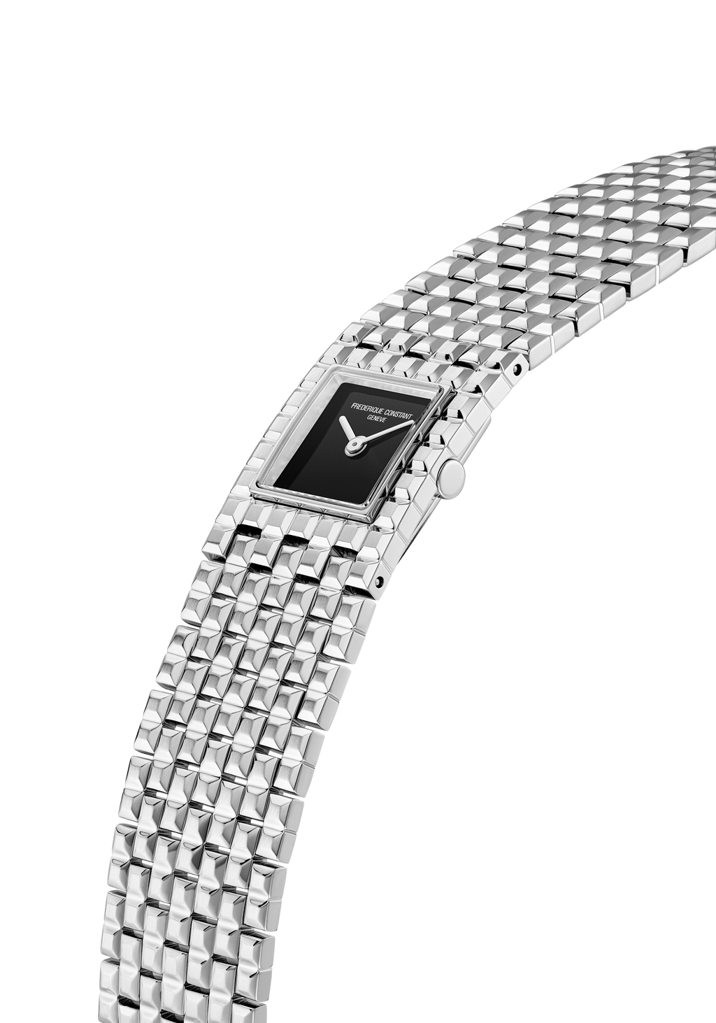 Stainless steel watch with black square dial.