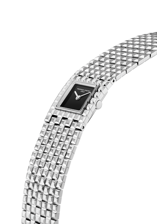 Stainless steel watch with black square dial.