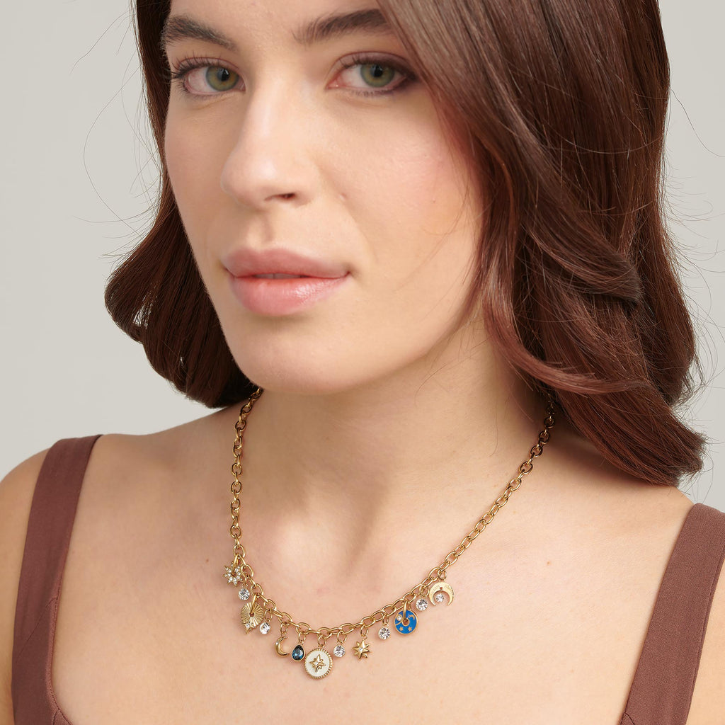 Stainless steel necklace with colorful gemstones.