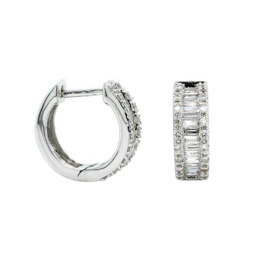 14K white gold diamond huggie earrings.