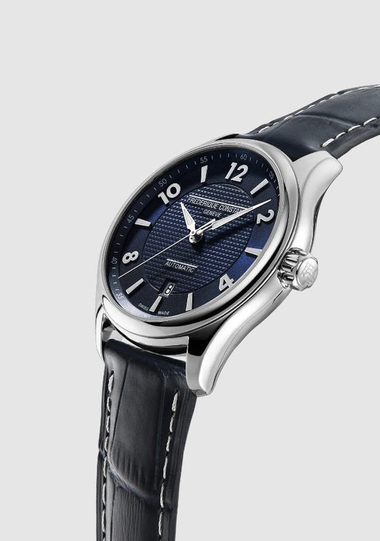 Stainless steel watch, blue textured dial.