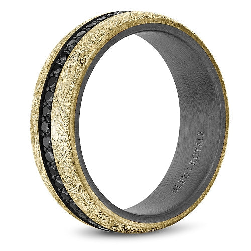 Tantalum band, yellow gold, round diamonds.