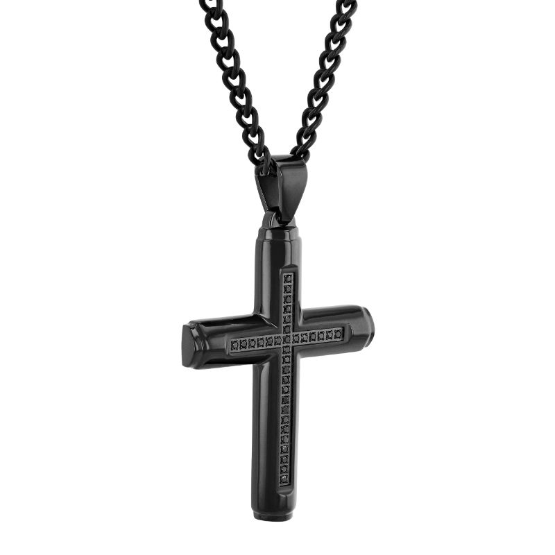 Black cross necklace with round diamonds.
