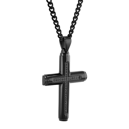 Black cross necklace with round diamonds.