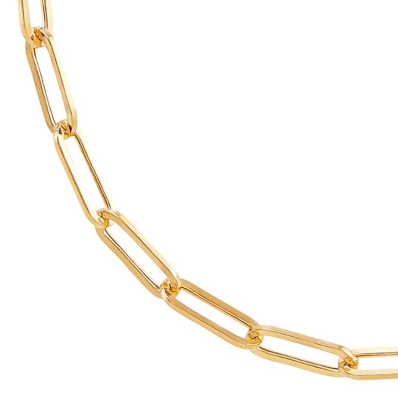 Gold rectangular link chain.