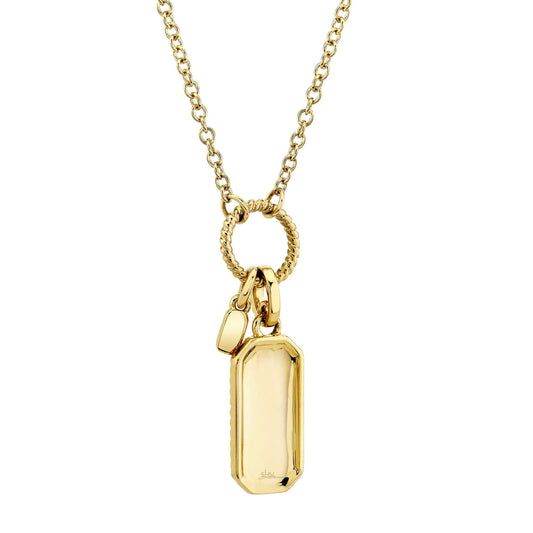 Yellow gold necklace with rectangular pendant.