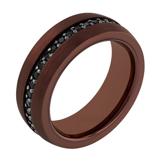 Bronze tungsten ring with black gemstone inlay.