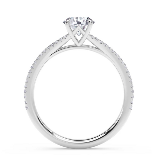 Platinum ring with round diamond and side stones.