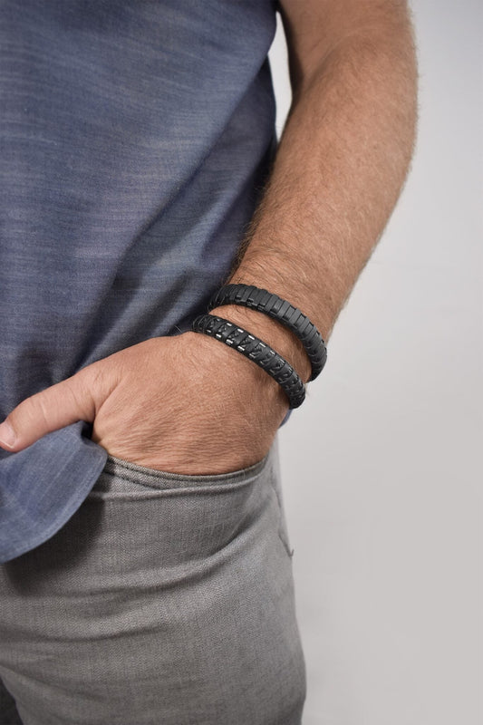 Stainless steel and black leather men's bracelet.