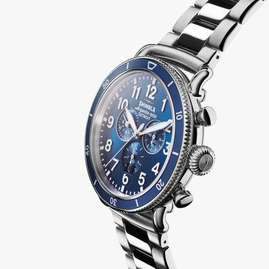 Blue dial stainless steel chronograph watch.