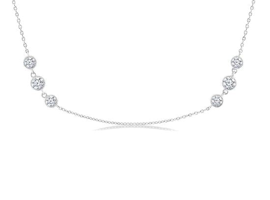 14K white gold necklace with round diamonds.