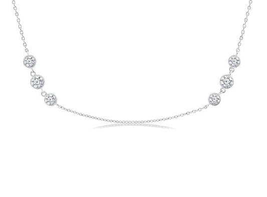 14K white gold necklace with round diamonds.