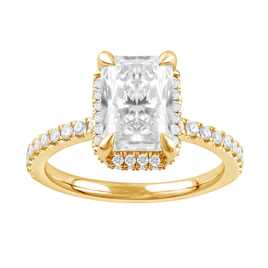 Side Stone Lab-Grown Diamond Complete Engagement Ring in 14 Karat Yellow with 1 Radiant Lab Grown Diamond, Color: F, Clarity: VS1, totaling 2.59ctw (Yellow Gold)