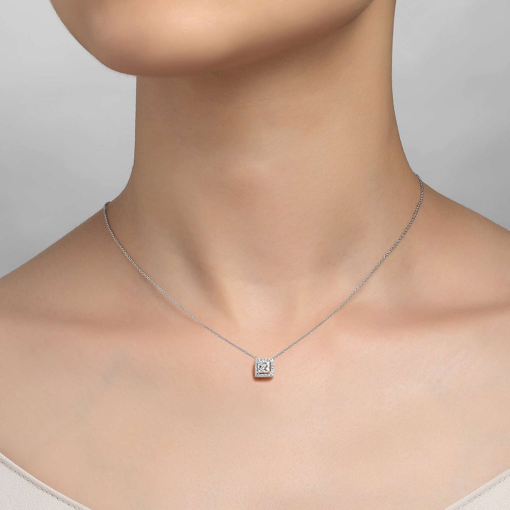 Simulated diamond pendant, platinum sterling silver necklace.