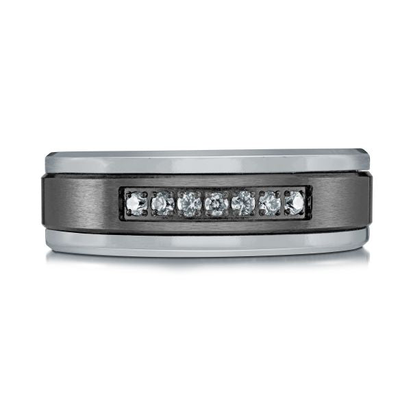 Tantalum band with seven round diamonds.