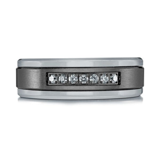 Tantalum band with seven round diamonds.