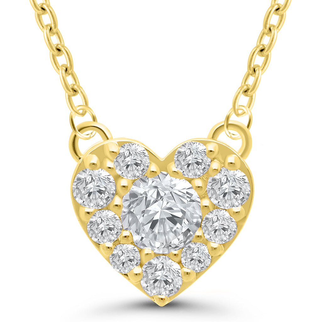 Heart-shaped gold necklace with round diamonds.
