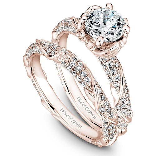 Rose gold band with diamond accents.