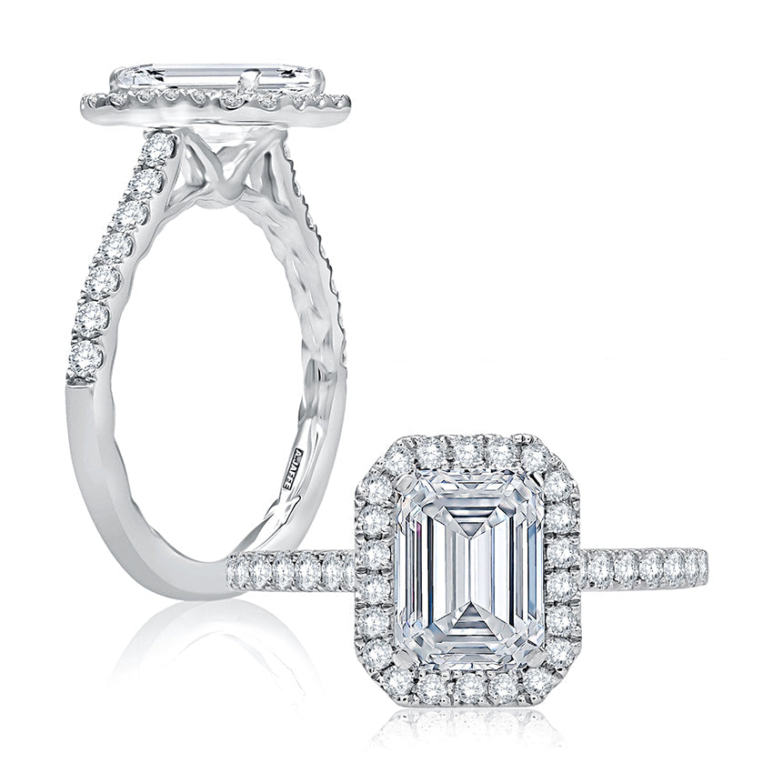 Halo diamond ring, white gold, emerald cut.
