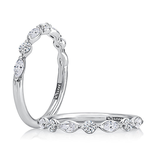 Rose gold band with various shaped diamonds.