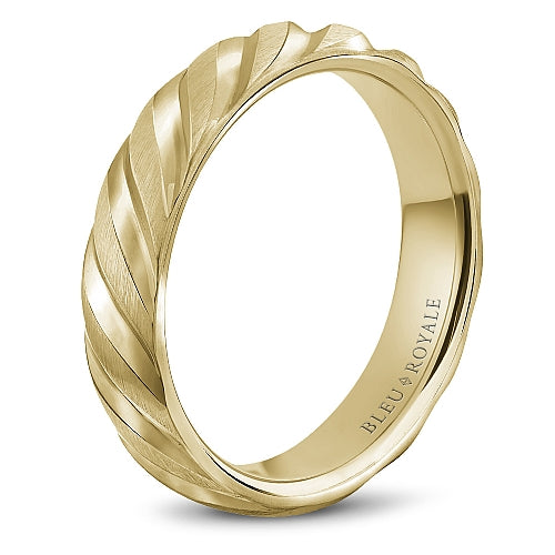 14K Yellow Gold carved band, satin finish.